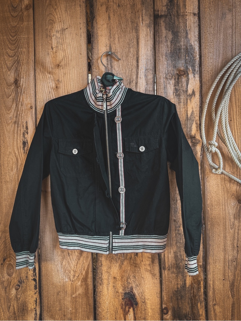 Burberry of London Y2K Black Jacket Nova Stripe Trim Size M